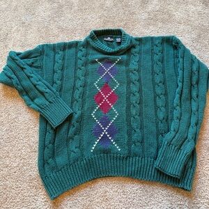 Vintage 90s structure hunter Green Cable Knit Sweater with Argyle Pattern Sz l